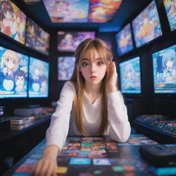 An adorable anime-style girl with big, expressive eyes, engrossed in a high-stakes game. She's in a vibrant and detailed gaming room, filled with colorful gaming posters, state-of-the-art consoles, and an impressive computer setup.