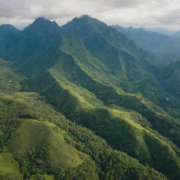 Aerial view of lush greenery with majestic mountains in the background