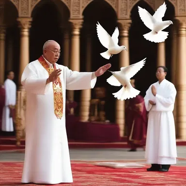 During the religious ceremony, the priest performed a conjuring trick, making a dove appear out of thin air.