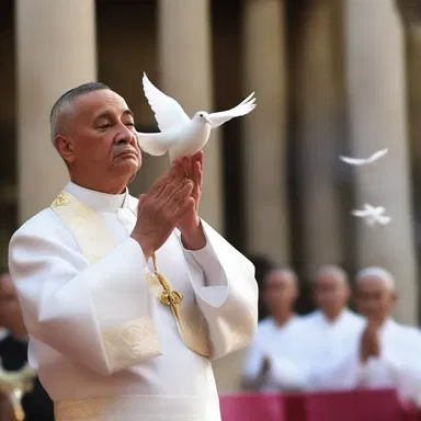 During the religious ceremony, the priest performed a conjuring trick, making a dove appear out of thin air.