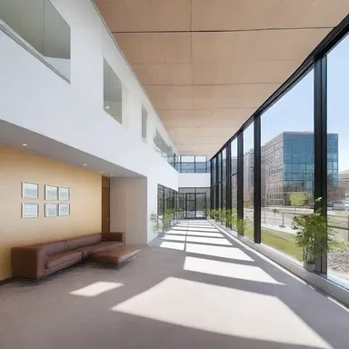 The design of the new office building maximized the gain of natural light through large windows.