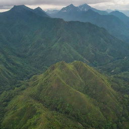 Aerial view of lush greenery with majestic mountains in the background