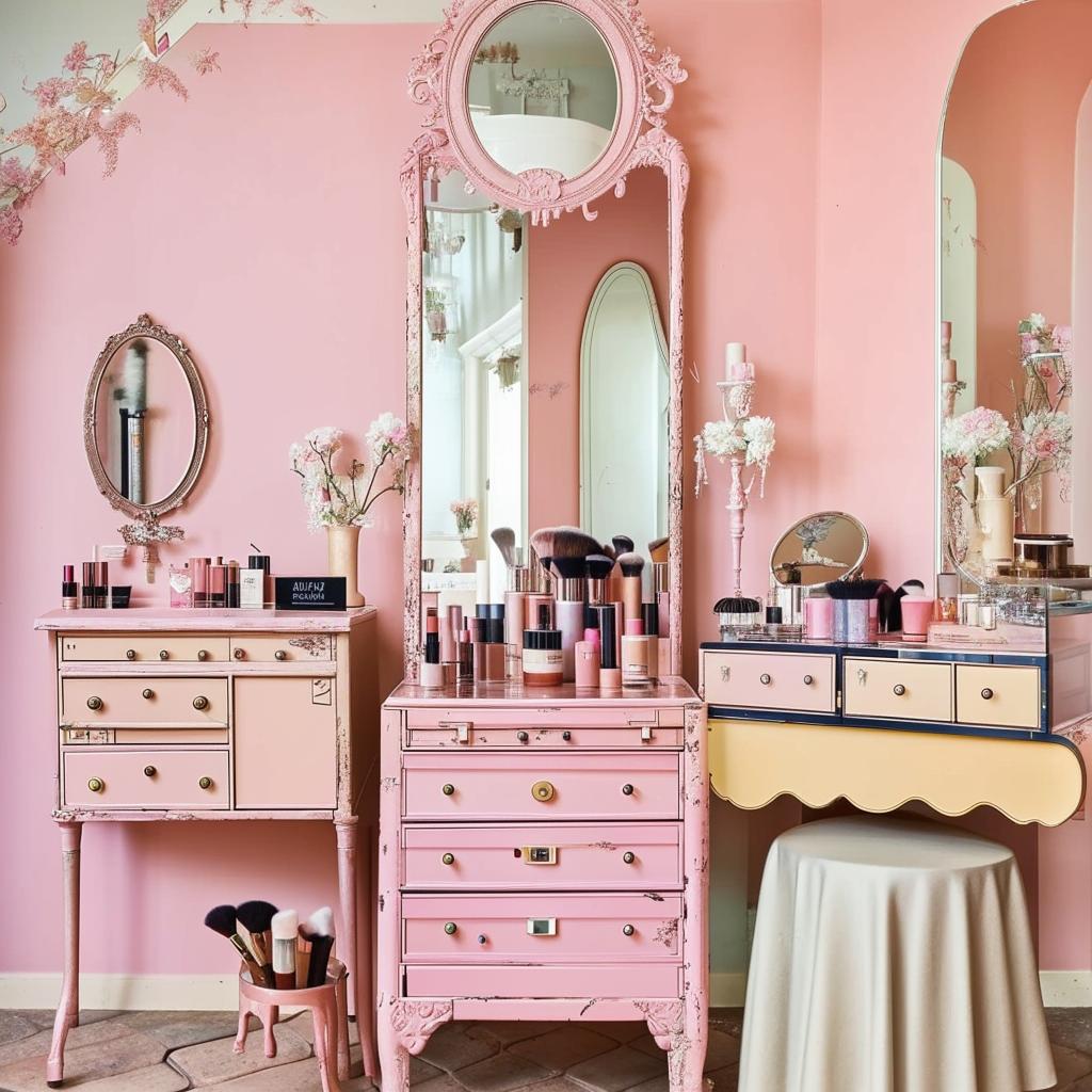 A boutique cosmetics shop with a vintage charm, pastel-colored walls, antique vanities displaying artisanal makeup, and a cozy atmosphere.