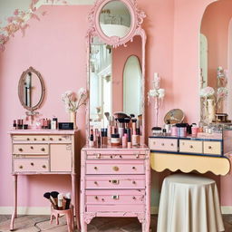 A boutique cosmetics shop with a vintage charm, pastel-colored walls, antique vanities displaying artisanal makeup, and a cozy atmosphere.