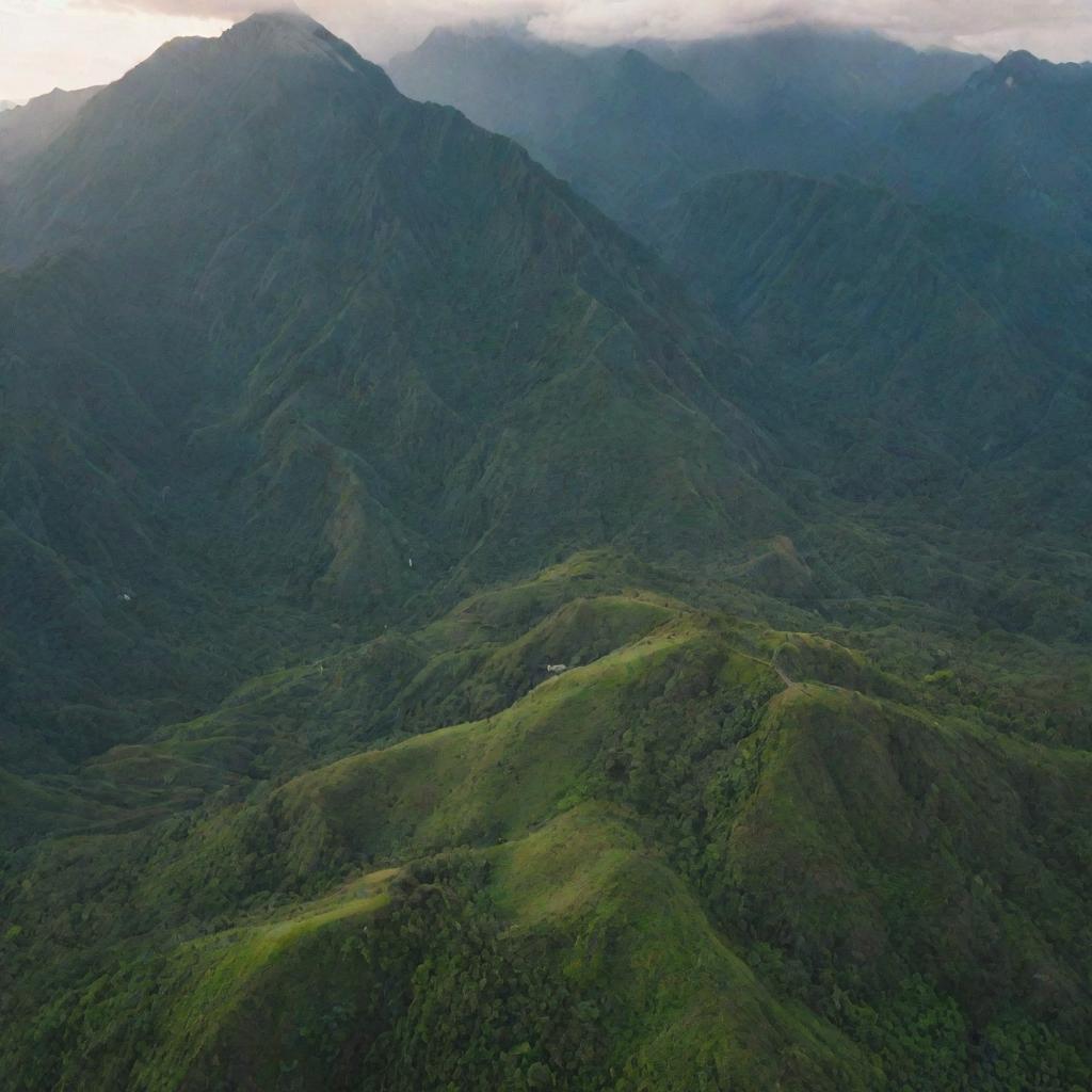 Aerial view of lush greenery with majestic mountains in the background