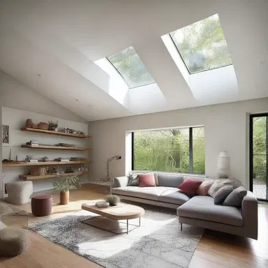 The addition of a skylight to the living room brings a gain of natural light.