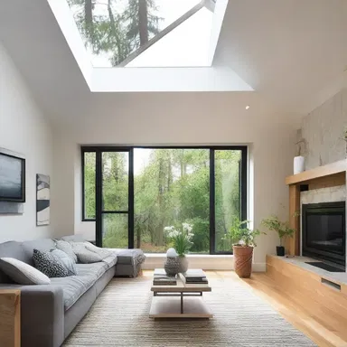 The addition of a skylight to the living room brings a gain of natural light.