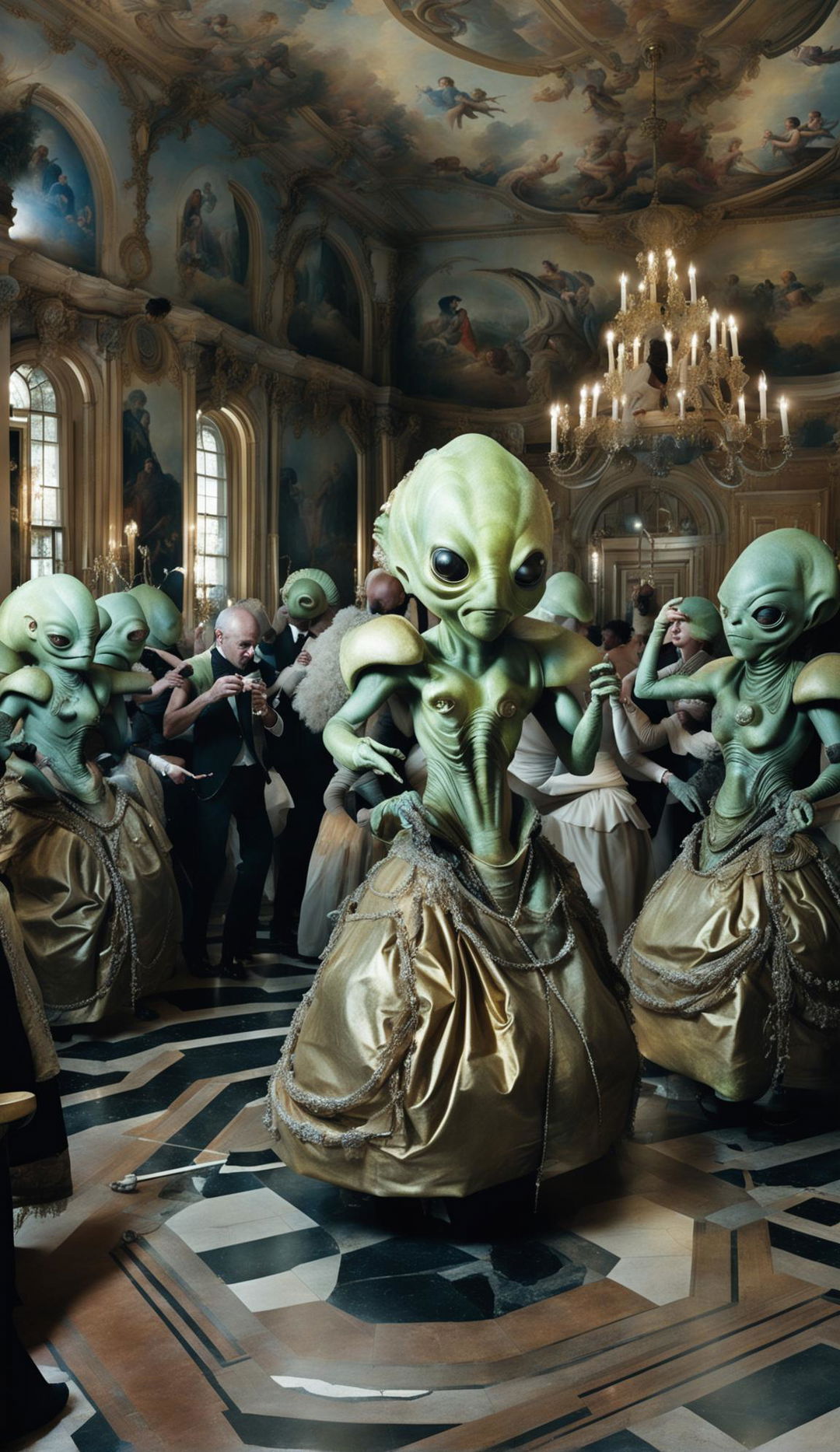 A Baroque ballroom filled with beautiful aliens in elegant attire. The room is adorned with gold trimmings, frescoes, and crystal chandeliers. Aliens of various appearances dance and mingle, while others play music or serve drinks.