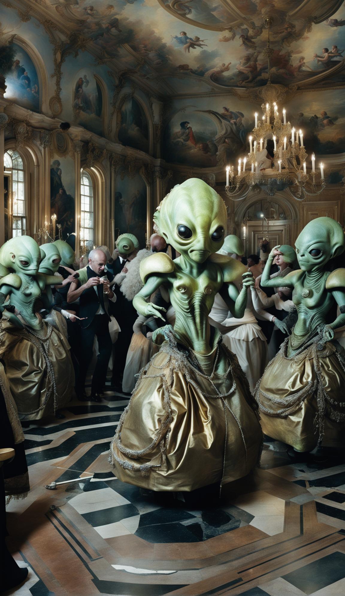 A Baroque ballroom filled with beautiful aliens in elegant attire. The room is adorned with gold trimmings, frescoes, and crystal chandeliers. Aliens of various appearances dance and mingle, while others play music or serve drinks.