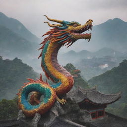 A majestic Chinese-style dragon, adorned with traditional motifs and vibrant colors, soaring against a backdrop of misty mountains and ancient pagodas.