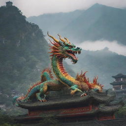 A majestic Chinese-style dragon, adorned with traditional motifs and vibrant colors, soaring against a backdrop of misty mountains and ancient pagodas.