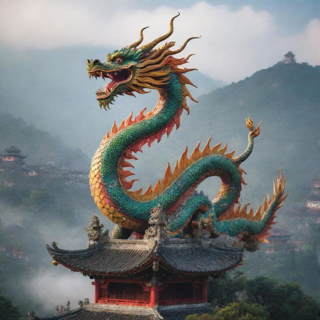 A majestic Chinese-style dragon, adorned with traditional motifs and vibrant colors, soaring against a backdrop of misty mountains and ancient pagodas.