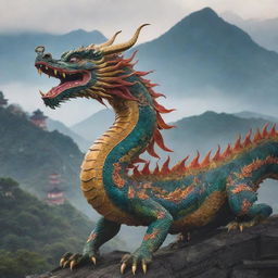 A majestic Chinese-style dragon, adorned with traditional motifs and vibrant colors, soaring against a backdrop of misty mountains and ancient pagodas.