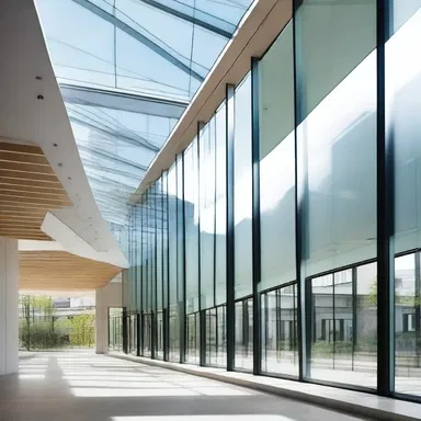 The modern glass walls of the building gain a lot of natural light.