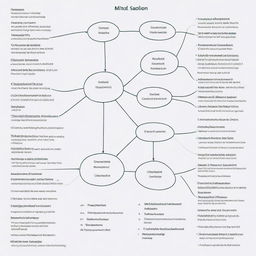 A mind map featuring the key concepts, techniques, commands, and functions of C programming, drawn in crisp lines with organized, labeled branches.