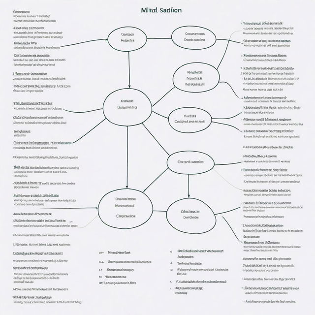 A mind map featuring the key concepts, techniques, commands, and functions of C programming, drawn in crisp lines with organized, labeled branches.