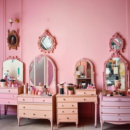 A boutique cosmetics shop with a vintage charm, pastel-colored walls, antique vanities displaying artisanal makeup, and a cozy atmosphere.