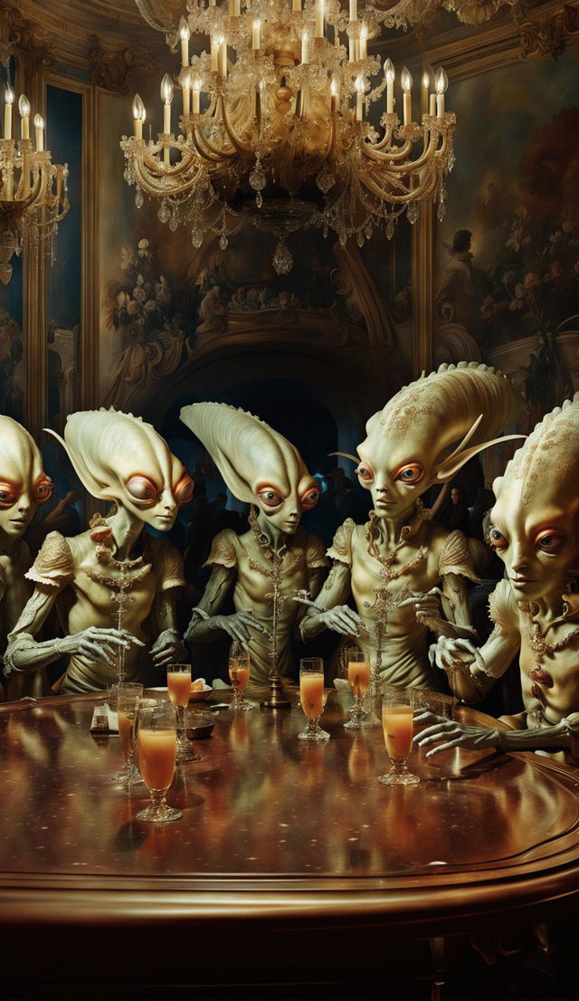 Photorealistic image of Baroque-styled aliens in a grand ballroom adorned with floral decorations.