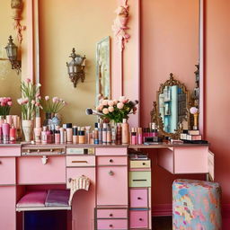 A boutique cosmetics shop with a vintage charm, pastel-colored walls, antique vanities displaying artisanal makeup, and a cozy atmosphere.