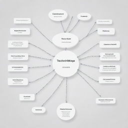 A minimalist, simple design of a mind map highlighting the key concepts, commands, techniques, and functions of C programming, with clear, basic shapes, labeled branches, and a monochrome color palette.