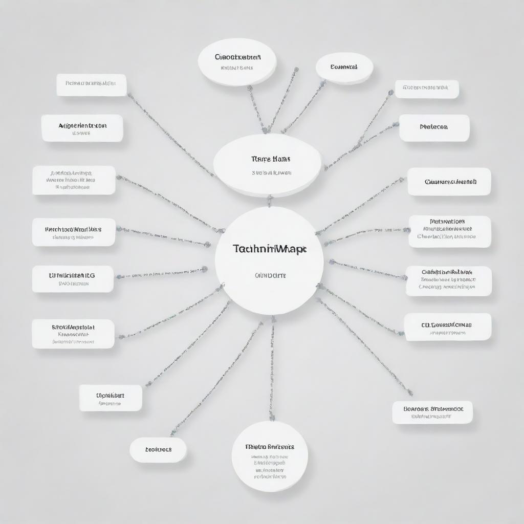 A minimalist, simple design of a mind map highlighting the key concepts, commands, techniques, and functions of C programming, with clear, basic shapes, labeled branches, and a monochrome color palette.