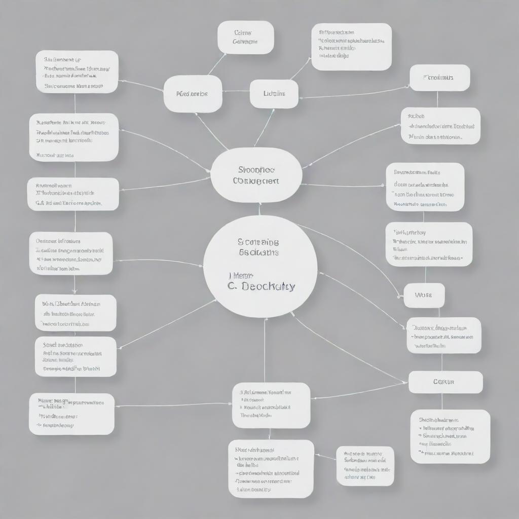 A minimalist, simple design of a mind map highlighting the key concepts, commands, techniques, and functions of C programming, with clear, basic shapes, labeled branches, and a monochrome color palette.