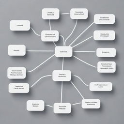 A minimalist, simple design of a mind map highlighting the key concepts, commands, techniques, and functions of C programming, with clear, basic shapes, labeled branches, and a monochrome color palette.