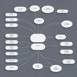 A minimalist, simple design of a mind map highlighting the key concepts, commands, techniques, and functions of C programming, with clear, basic shapes, labeled branches, and a monochrome color palette.