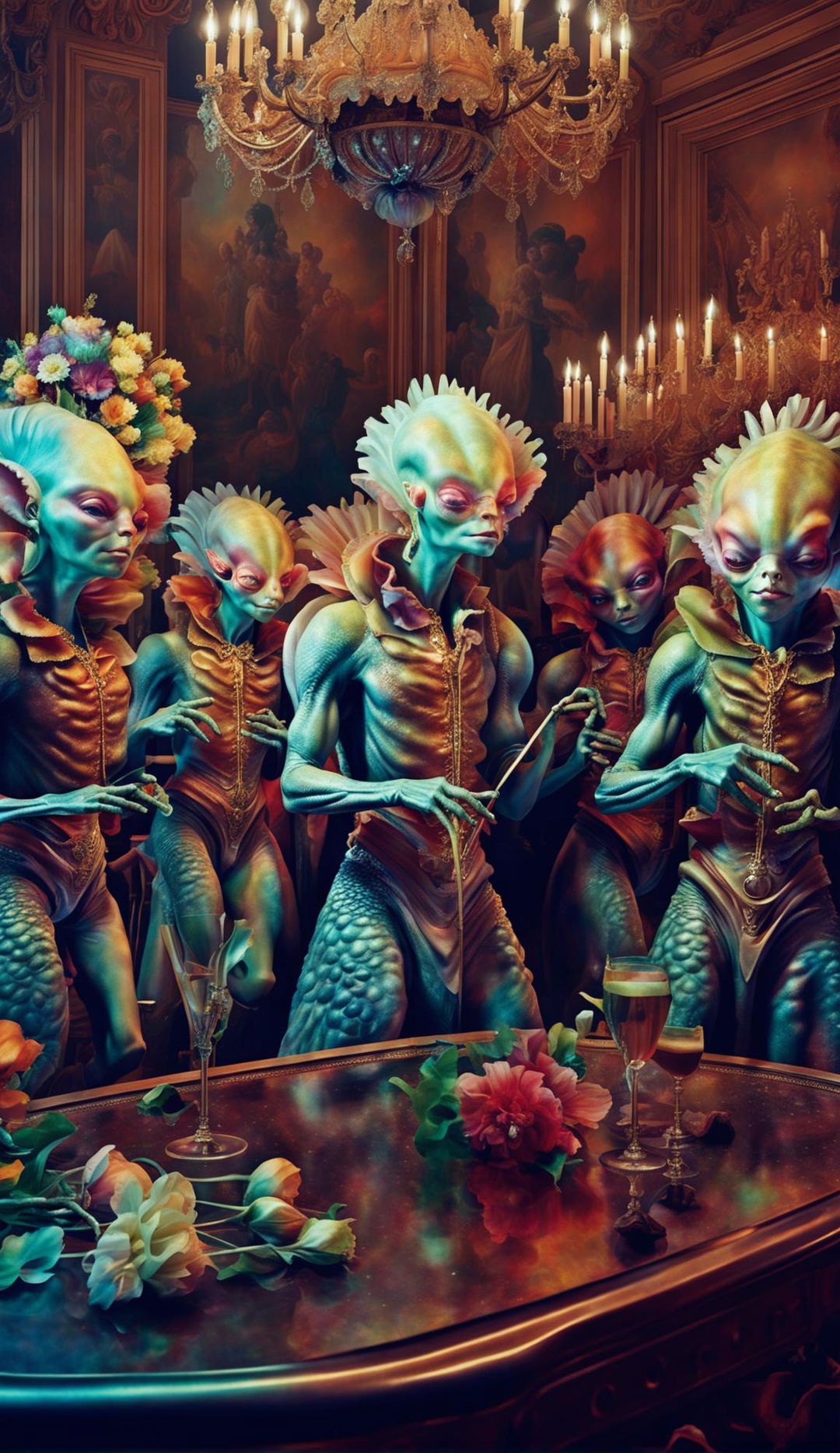 Photorealistic image of highly detailed Baroque-styled aliens in a grand ballroom, adorned with vibrant floral decorations and rich colors.