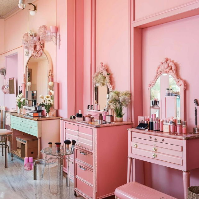 A boutique cosmetics shop with a vintage charm, pastel-colored walls, antique vanities displaying artisanal makeup, and a cozy atmosphere.