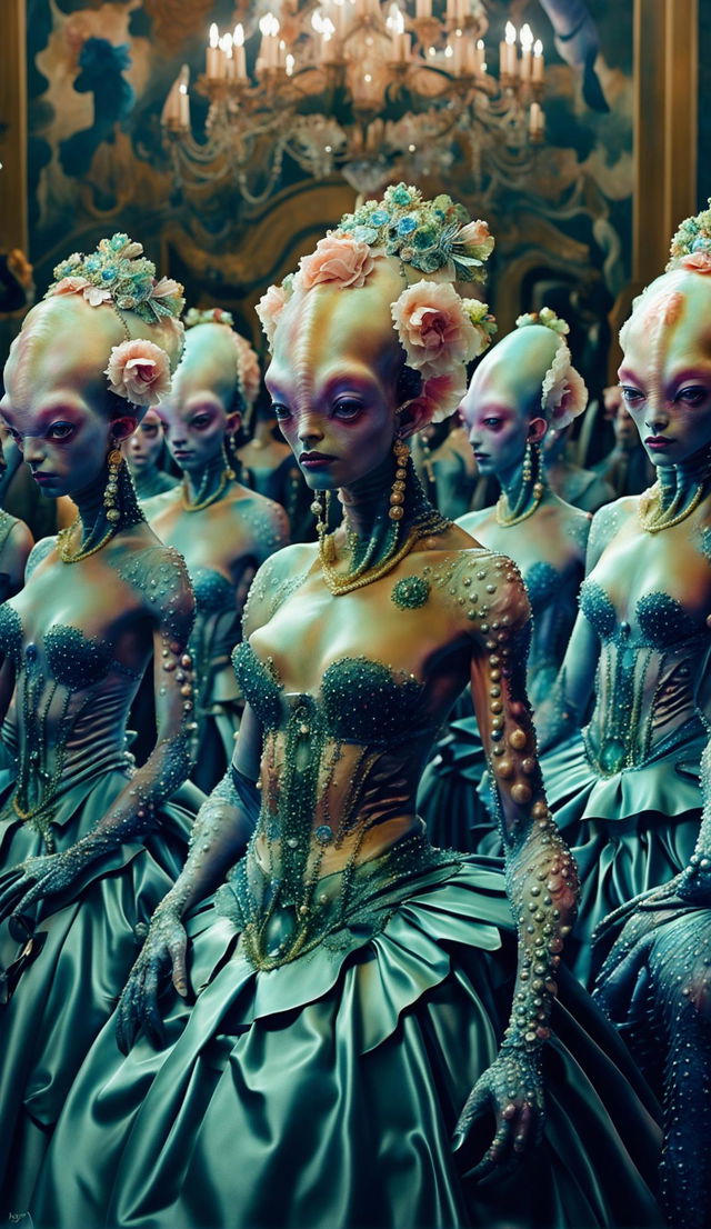 Photorealistic image of Baroque-styled aliens in grand ball gowns, with crystals protruding from their skin in floral patterns, vibrant floral headpieces, and attended by ladies in waiting.