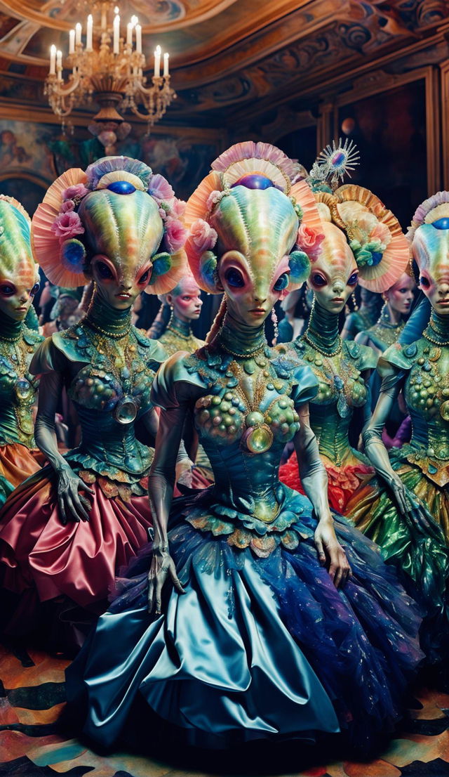 Photorealistic image of Baroque-styled aliens in vibrant, elaborate ball gowns, with crystals protruding from their skin in floral patterns, vibrant floral headpieces, and attended by ladies in waiting.