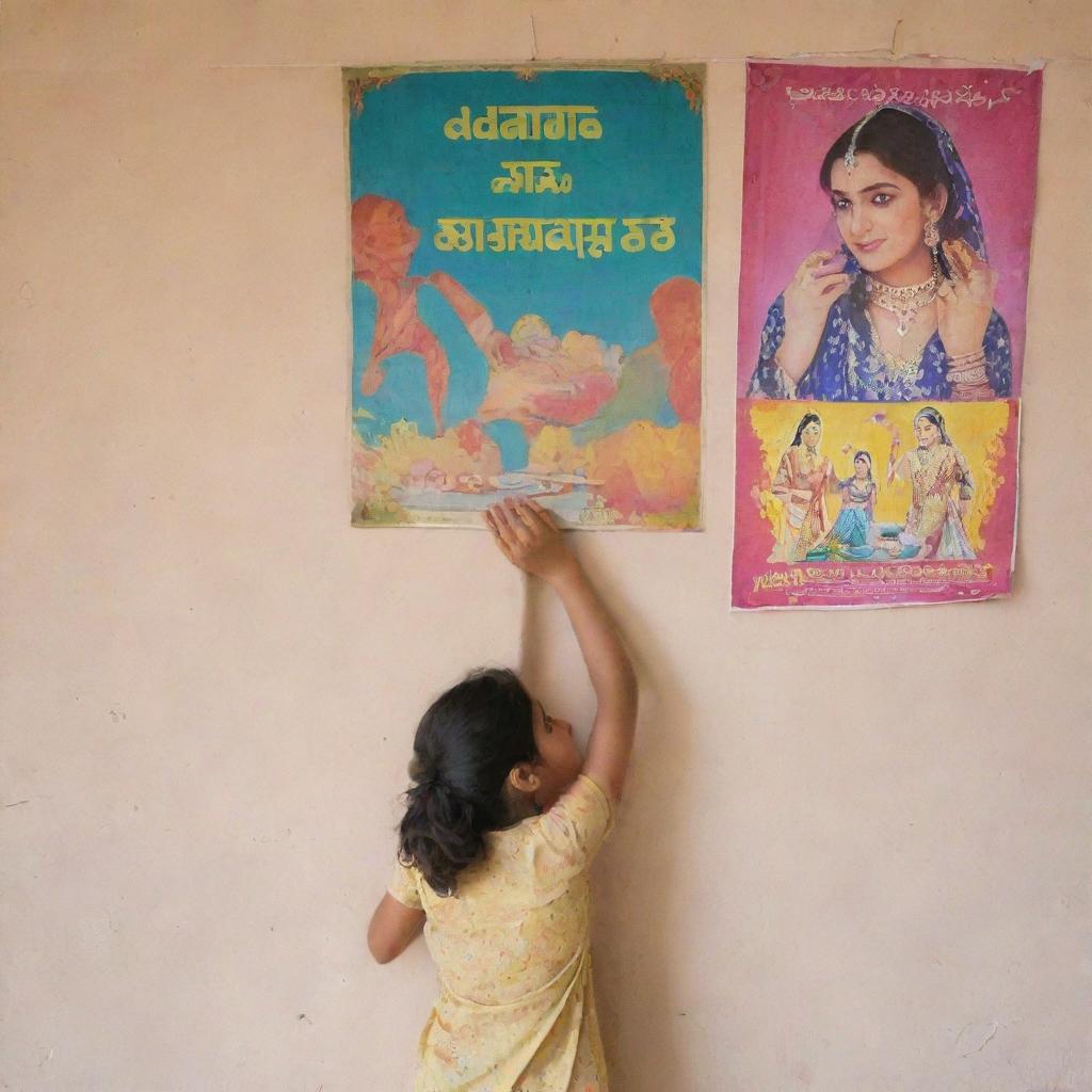 A young girl standing and diligently hanging a colorful poster of 'Almas ki dulhan' on a light-colored wall.
