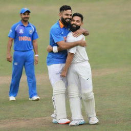 A joyous scene on the field, showcasing a young boy in an Indian cricket jersey numbered '18', named 'SEHSHA' in uppercase letters, affectionately hugging cricketer Virat Kohli.