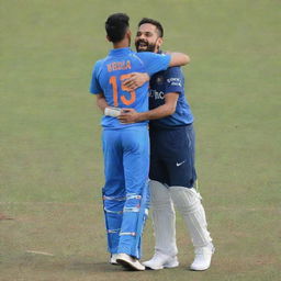 A joyous scene on the field, showcasing a young boy in an Indian cricket jersey numbered '18', named 'SEHSHA' in uppercase letters, affectionately hugging cricketer Virat Kohli.