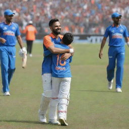 A joyous scene on the field, showcasing a young boy in an Indian cricket jersey numbered '18', named 'SEHSHA' in uppercase letters, affectionately hugging cricketer Virat Kohli.