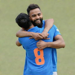 A joyous scene on the field, showcasing a young boy in an Indian cricket jersey numbered '18', named 'SEHSHA' in uppercase letters, affectionately hugging cricketer Virat Kohli.