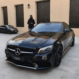 Mercedes in shiny jet black with aesthetically pleasing Arabic calligraphy