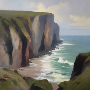 The artist painted the cliffs along the coast with jaggedly sharp edges, adding a sense of drama to the scene.
