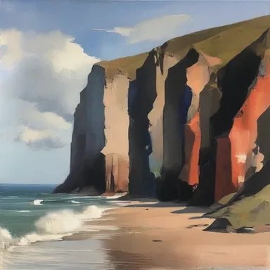 The artist painted the cliffs along the coast with jaggedly sharp edges, adding a sense of drama to the scene.