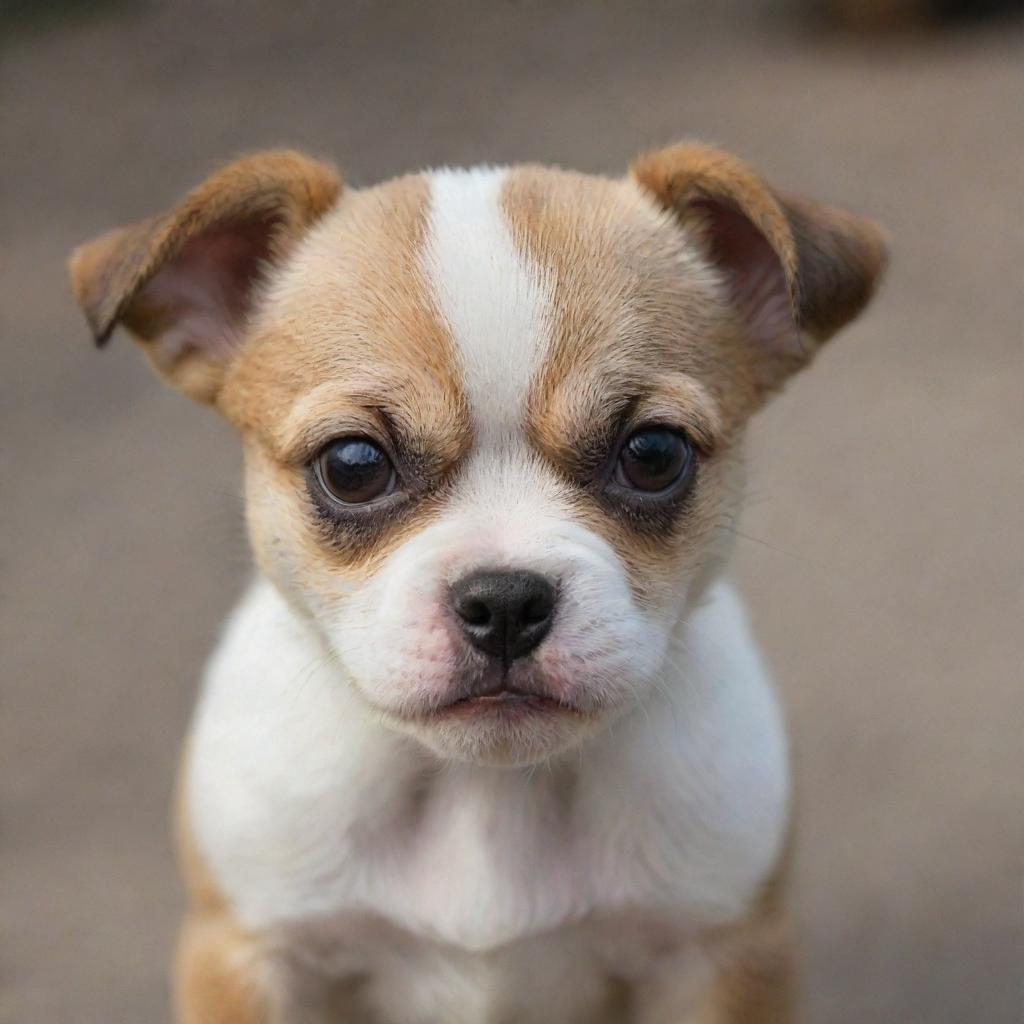 Create an image of a small puppy displaying signs of anger, with furrowed brow, ears back, and showing tiny teeth.