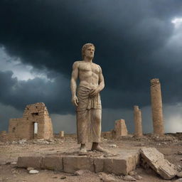 A divine figure, embodying the aspect of war, standing among the ancient ruins of Iraq under a stormy sky.