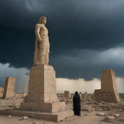 A divine figure, embodying the aspect of war, standing among the ancient ruins of Iraq under a stormy sky.