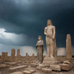 A divine figure, embodying the aspect of war, standing among the ancient ruins of Iraq under a stormy sky.