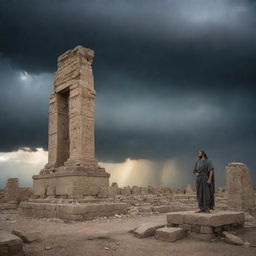 A divine figure, embodying the aspect of war, standing among the ancient ruins of Iraq under a stormy sky.