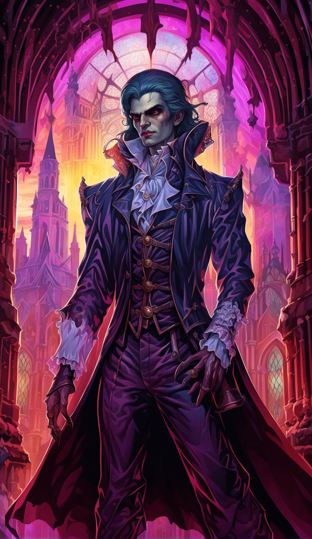 A Baroque-style vampire with Gothic influences stands in front of a cathedral at dawn. He is dressed in elaborate period clothing and has a serene expression as he watches the sunrise.