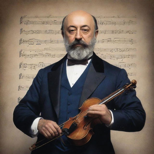 Camille Saint-Saens portrayed as a dashing musical superhero, using his musical instruments as his superpowers emanating musical notes