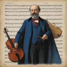 Camille Saint-Saens portrayed as a dashing musical superhero, using his musical instruments as his superpowers emanating musical notes