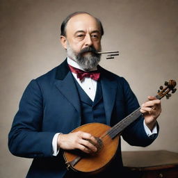 Camille Saint-Saens portrayed as a dashing musical superhero, using his musical instruments as his superpowers emanating musical notes