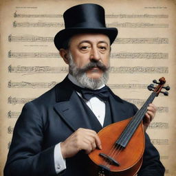 Camille Saint-Saens portrayed as a dashing musical superhero, using his musical instruments as his superpowers emanating musical notes